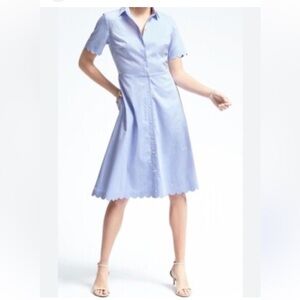 Banana Republic 100% Cotton Blue Fine Stripe Scalloped Hem Midi Dress 0